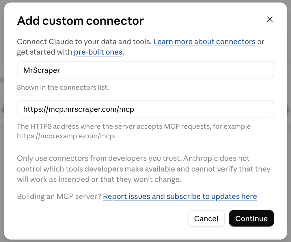 Enter the MrScraper name and MCP server URL